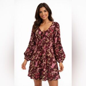 Billabong Sol Love Mini Dress Women Long Sleeve Brown Pink Floral